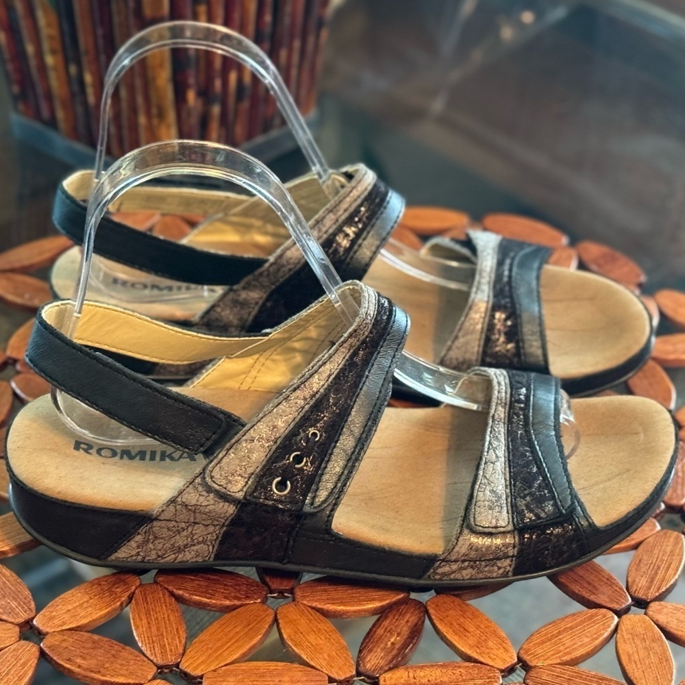 ROMIKA Black Silver Metallic Comfort Sandals | Size 39 / 8.5